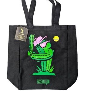 Black Canvas Cactus Baseball Tote Bag with Pink Accent